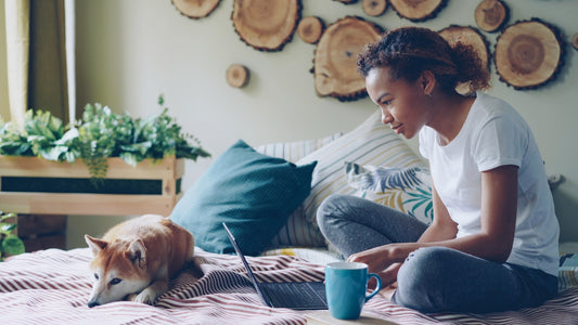 Woman works on laptop with dog in a cozy bedroom
